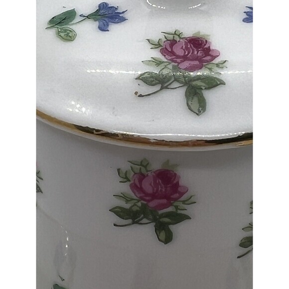 Vtg. White Porcelain Blue Pink Roses Jam Jar Sugar Bowl & Lid Floral UndePlate - Picture 8 of 14